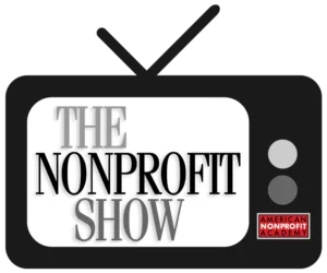 Black retro TV silhouette containing a white rounded screen that reads 'THE NONPROFIT SHOW' in bold letters, with a small American Nonprofit Academy badge in the bottom-right corner.