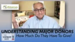 Video thumbnail: man with glasses on a video call, Abacus logo top left, and the title 'Understanding Major Donors – How Much Do They Have To Give?' on a blue gradient background.