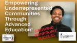 Promotional thumbnail: smiling man with bold white text about empowering underrepresented communities through education, red diagonal 'GROWING NONPROFIT SUCCESS', plus The Nonprofit Show and Leadership Brainery logos in corners.