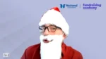 Presenter wearing a Santa hat and beard on a video call backdrop with National University and fundraising academy logos in the background, speaking to an audience.