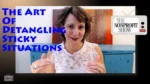 Video thumbnail of a woman speaking, wearing a white lace top; bold blue title text reads 'The Art of Detangling Sticky Situations' with a small 'The Nonprofit Show' TV icon.