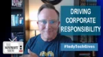 Smiling man on a video call in a home office, with overlay text 'DRIVING CORPORATE RESPONSIBILITY' and hashtag #IndyTechGives; The Nonprofit Show logo in the bottom-left.