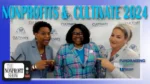 Three women smile and point at each other in front of a 'Nonprofits & Cultivate 2024' banner at a nonprofit conference.