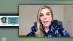 Woman speaks in a video call, wearing a blue floral blouse; webinar slide behind reads 'Fundraising Trends and Future for Independent Schools'.
