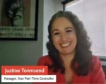 Smiling woman in a red blazer on a video call; name tag says Justine Townsend and title reads Manager, Your Part-Time Controller.