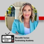 Headshot of Meredith Terrian in a blue blazer, smiling, with branding for The Nonprofit Show and Fundraising Academy.