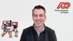 Smiling man in a dark jacket with the ADP 'Always Designing for People' logo in the background; left side shows an illustration of people with devices.